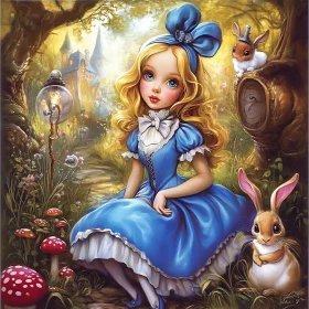 Enchanted Forest with Girl and Rabbits