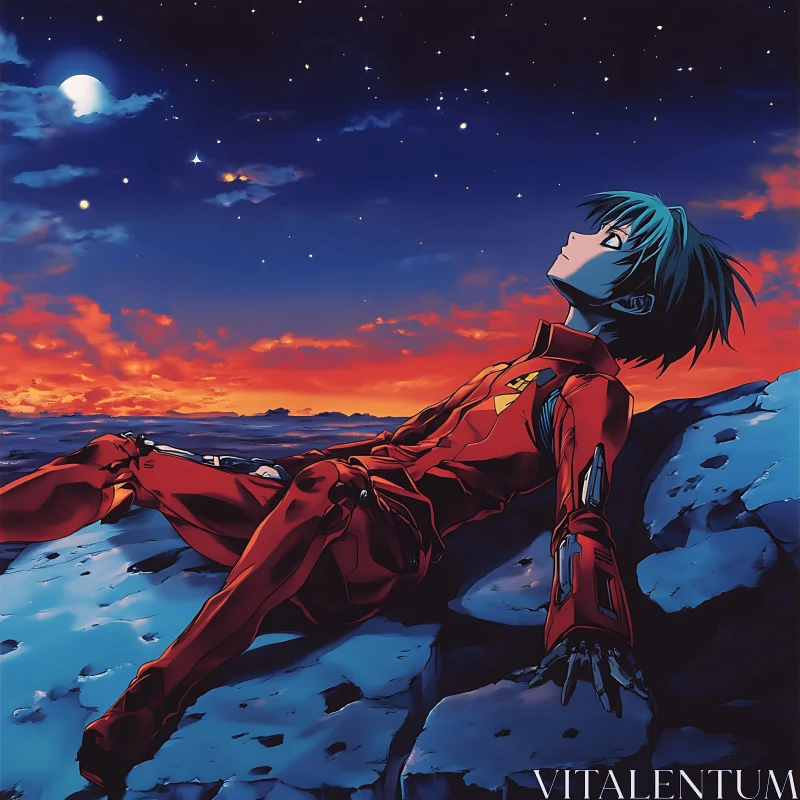 Cyborg in Red Suit Under Moonlit Sky AI Image