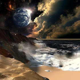 Otherworldly Coastline with Distant Planet