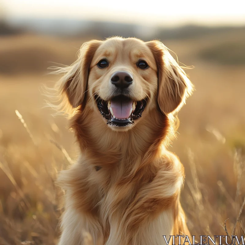 Happy Golden Retriever in Field at Sunset AI Image