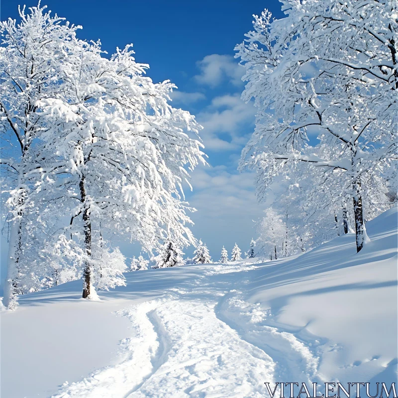 Snowy Path in a Serene Winter Landscape AI Image