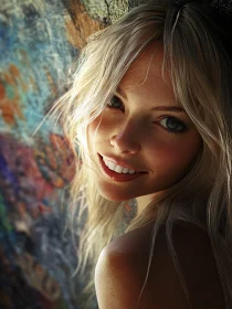 Blonde Woman Smiling in Front of Abstract Background