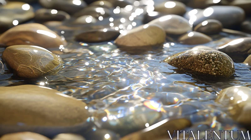 Sunlit Pebbles in a Clear Stream AI Image