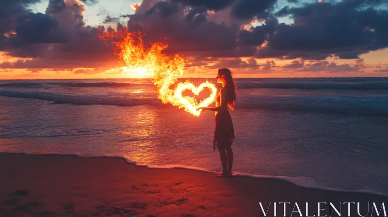 AI ART Sunset Beach Romance with Flaming Heart