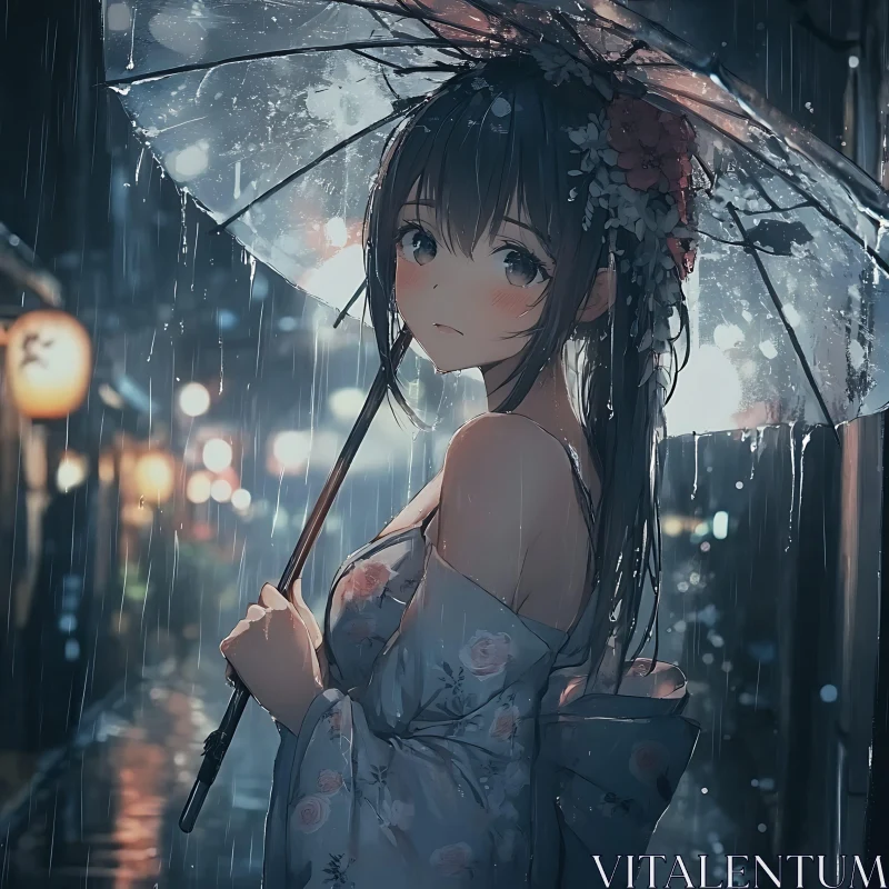 Rainy Night in Anime City AI Image