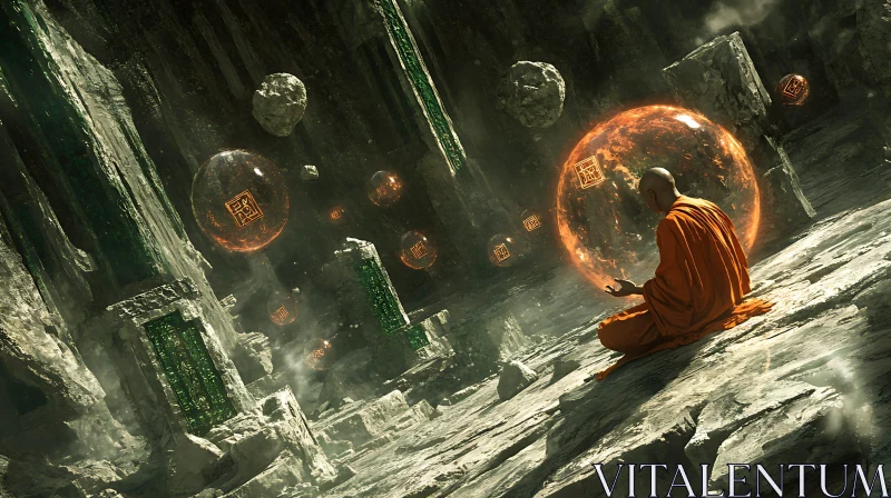 Monk in Contemplation Sci-Fi Setting AI Image