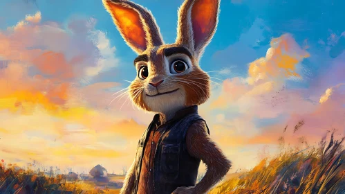 Cartoon Rabbit in Field at Dusk
