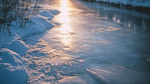 Frozen Winter River with Snow and Sunlight Reflection