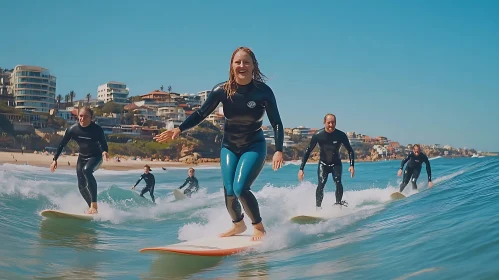 Group of Surfers Catching Waves