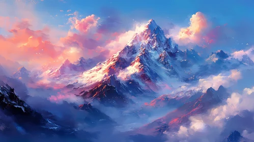 Snowy Peaks Under Pink Clouds