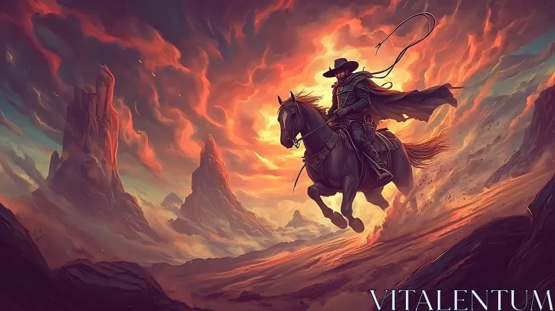 Western Rider in a Fiery Landscape AI Image