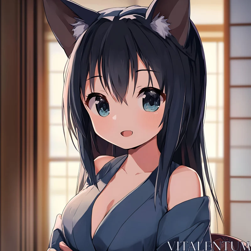 Anime Cat Girl in Traditional Japanese Setting AI Image