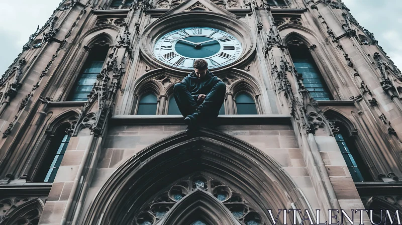 Urban Contemplation Under the Watchful Clock AI Image