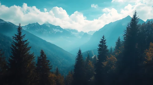 Blue Mountain Landscape with Snow Peaks