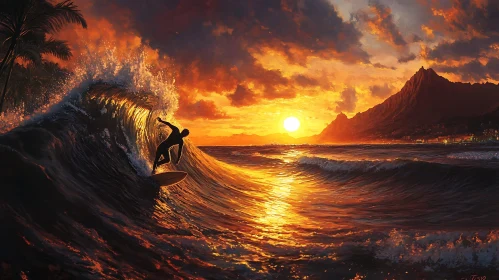 Surfer at Sunset: Ocean Wave Art