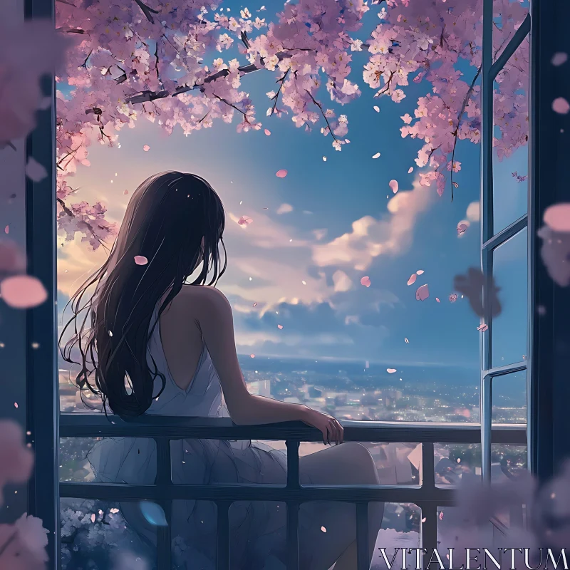 Serene Evening Balcony View with Cherry Blossoms AI Image