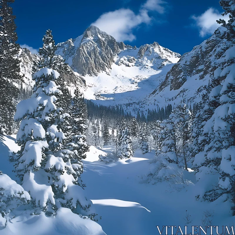 AI ART Winter Mountain Landscape with Snow Covered Trees