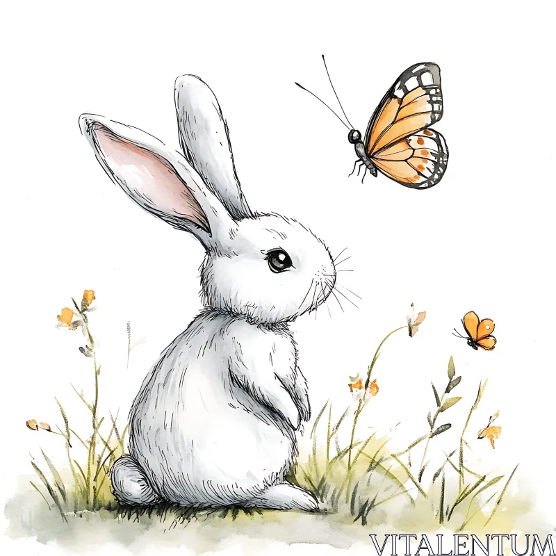 Watercolor Rabbit with Flying Butterfly AI Image