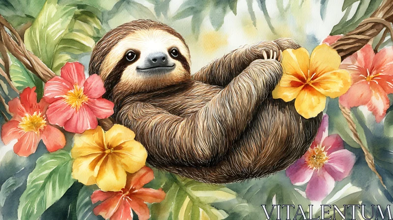 Tranquil Sloth Watercolor Art AI Image