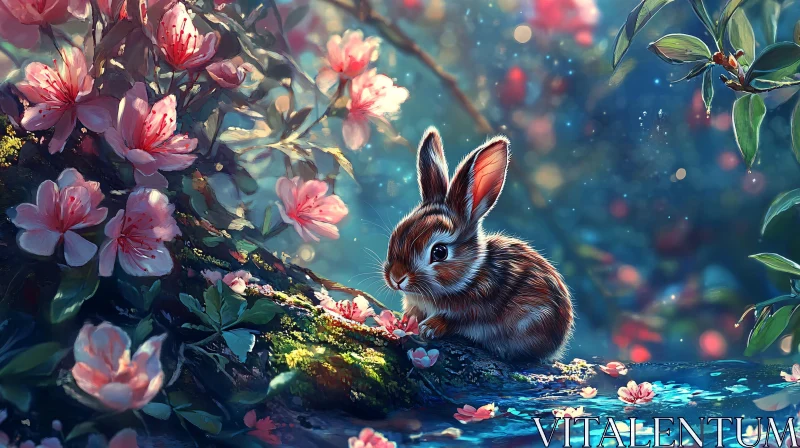 Whimsical Rabbit and Pink Flowers AI Image