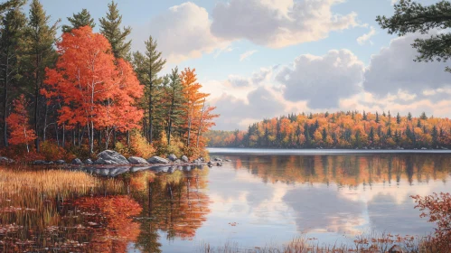 Tranquil Autumn Lake with Colorful Trees and Reflections