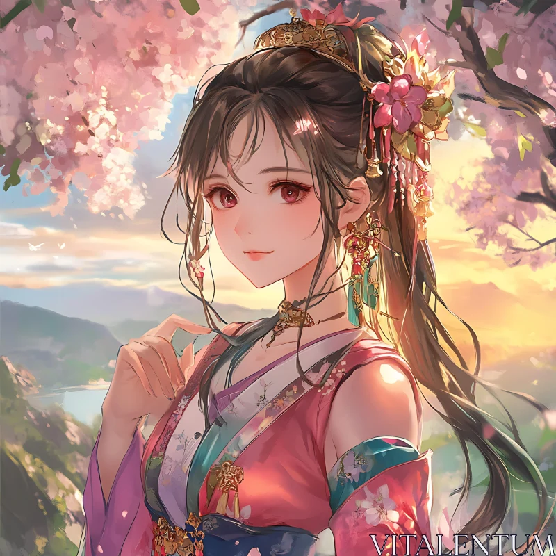 Beautiful Anime Lady with Cherry Blossoms and Sunset AI Image