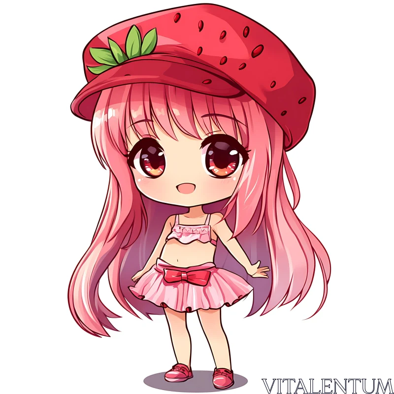 Cute Anime Girl in Strawberry-Themed Outfit AI Image