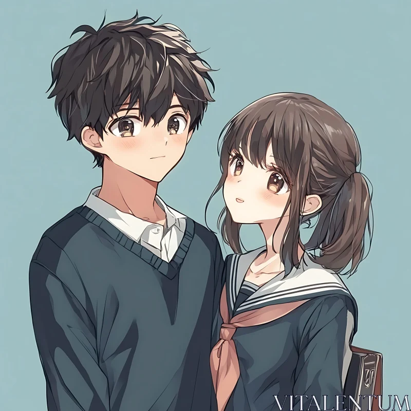 Anime Illustration of School Uniform Couple AI Image