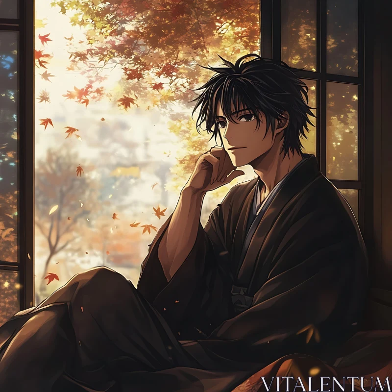 Anime Character in Tranquil Autumn Scene AI Image