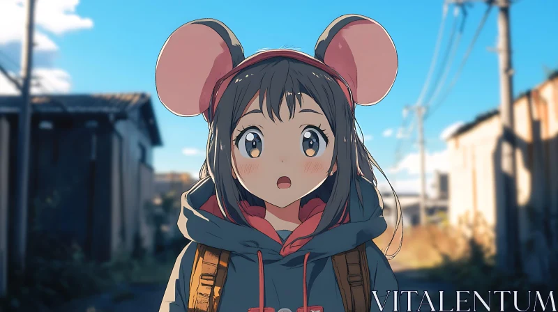 Anime Girl in City Alleyway with Expression of Surprise AI Image