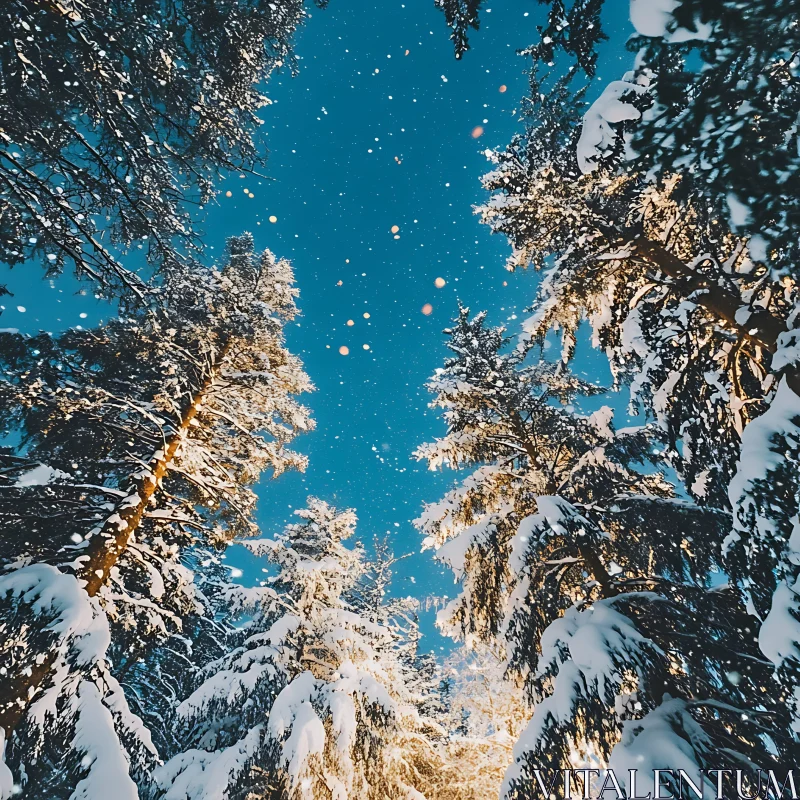 Magical Snowy Night in the Forest Beneath the Stars AI Image