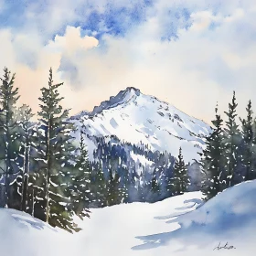 Winter Mountain Scene with Evergreen Trees