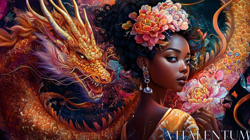 AI ART Floral Woman with Golden Dragon Artwork