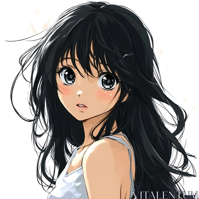 Anime Girl with Black Hair and Large Eyes AI Image