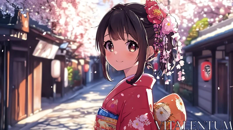 Traditional Anime Girl in Flower Adorned Street AI Image