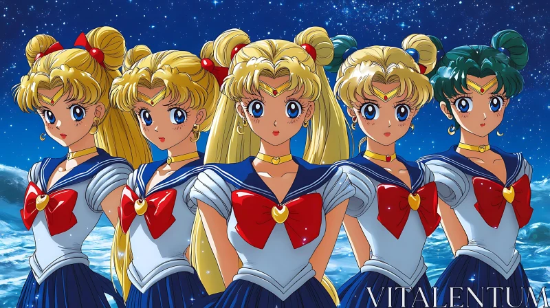 Five Anime Girls in Sailor Outfits with Cosmic Backdrop AI Image