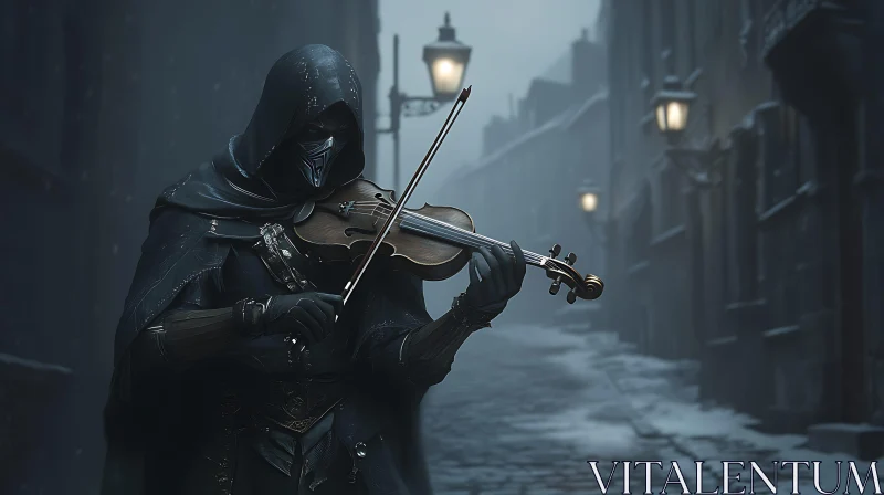 Hooded Musician in the Gloomy City AI Image