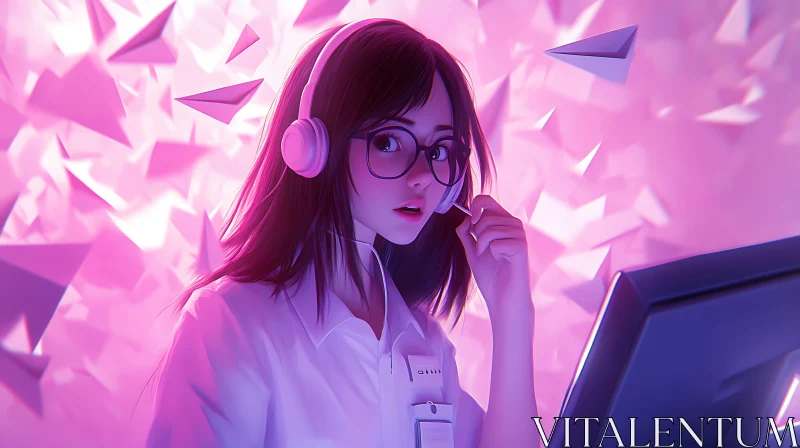 AI ART Anime Art: Girl with Headphones in Pink