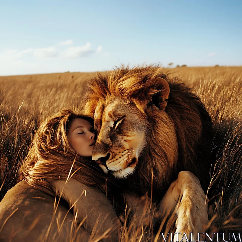 Woman Embracing Lion in Grassy Field AI Image