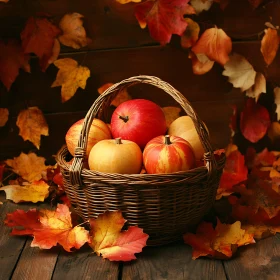 Basket of Apples and Autumn Leaves