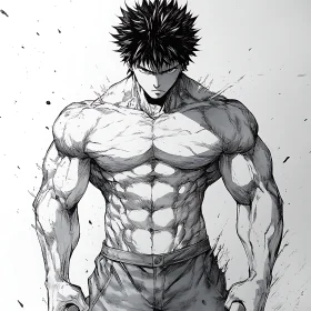 Intense Monochrome Sketch of Muscular Anime Character