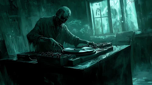 Teal Zombie DJ Mixing Music