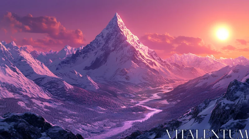 Golden Hour Over Snowy Peaks AI Image