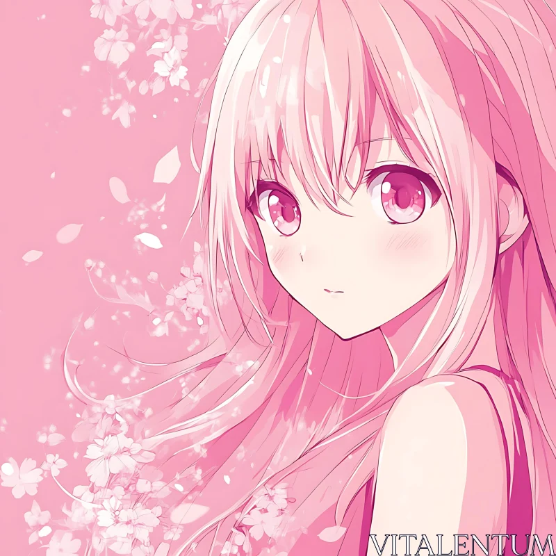 Gentle Anime Girl Amidst Pink Blossoms AI Image