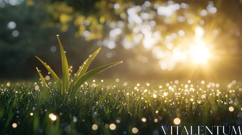 AI ART Sun-kissed Grass Blades with Dew - Tranquil Morning Image