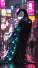 Cyberpunk Neon Peacock in Rainy Street