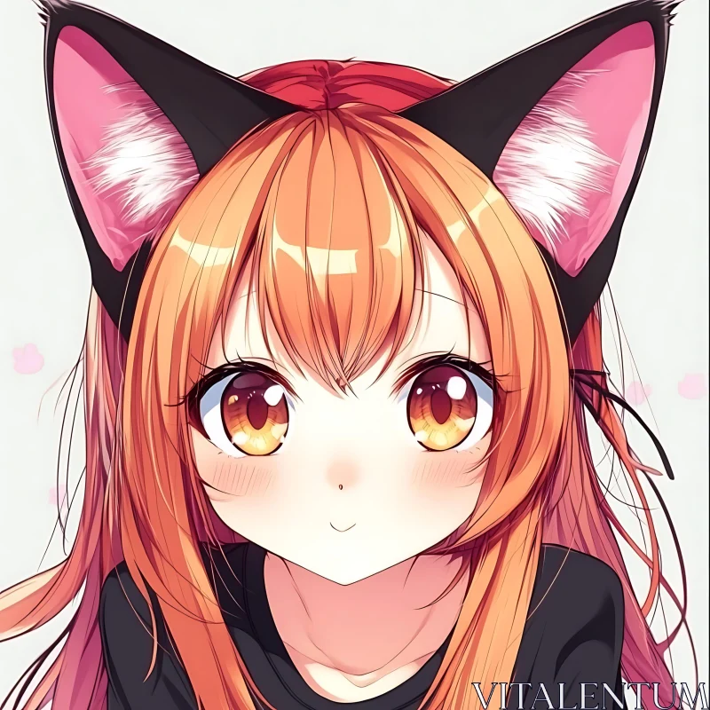 Kawaii Anime Girl with Big Eyes and Cat Ears AI Image