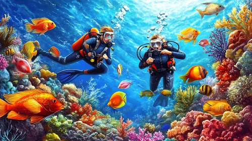 Vibrant Coral Reef Scene with Scuba Divers