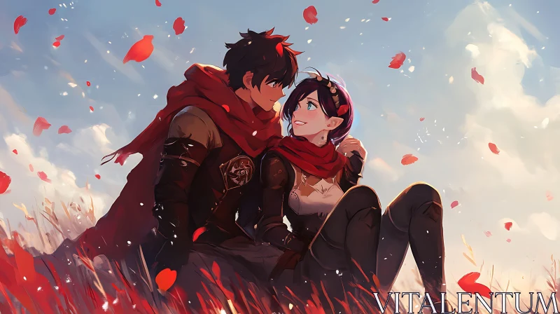 AI ART Anime Couple with Red Scarves Surrounded by Petals