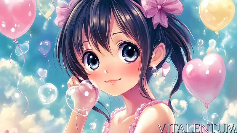 AI ART Cute Anime Girl with Heart Balloons